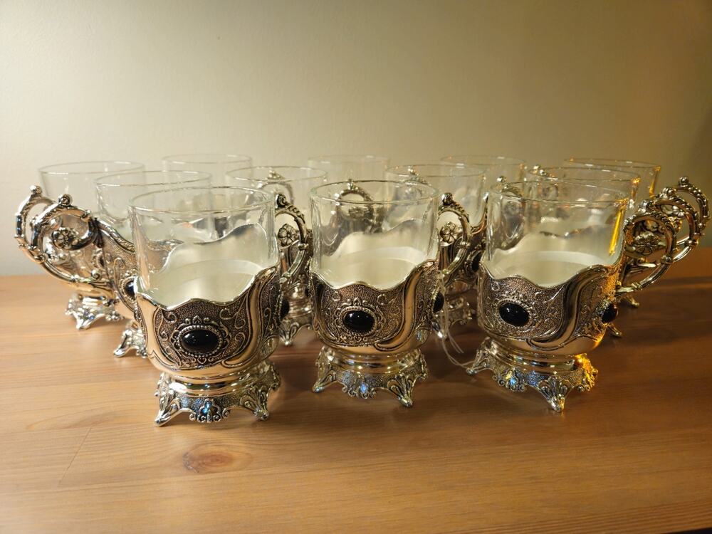Set Of 12 Silver Plated Russian Tea Glass Liner Cup Holder Ornate